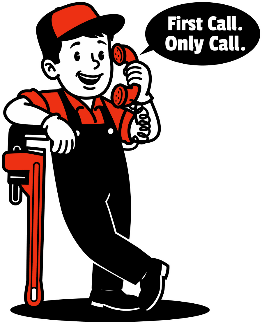 The First Call Contracting mascot: a smiling worker in a red cap leaning on a big pipe wrench, on the phone, saying First Call. Only Call.