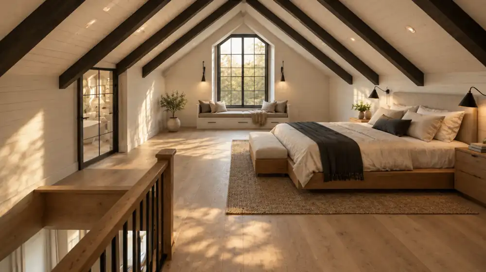 A vaulted primary suite with black-stained beams and a black-framed window seat