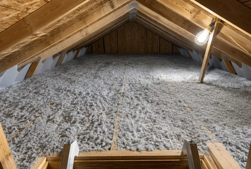 Fresh blown-in attic insulation with baffles