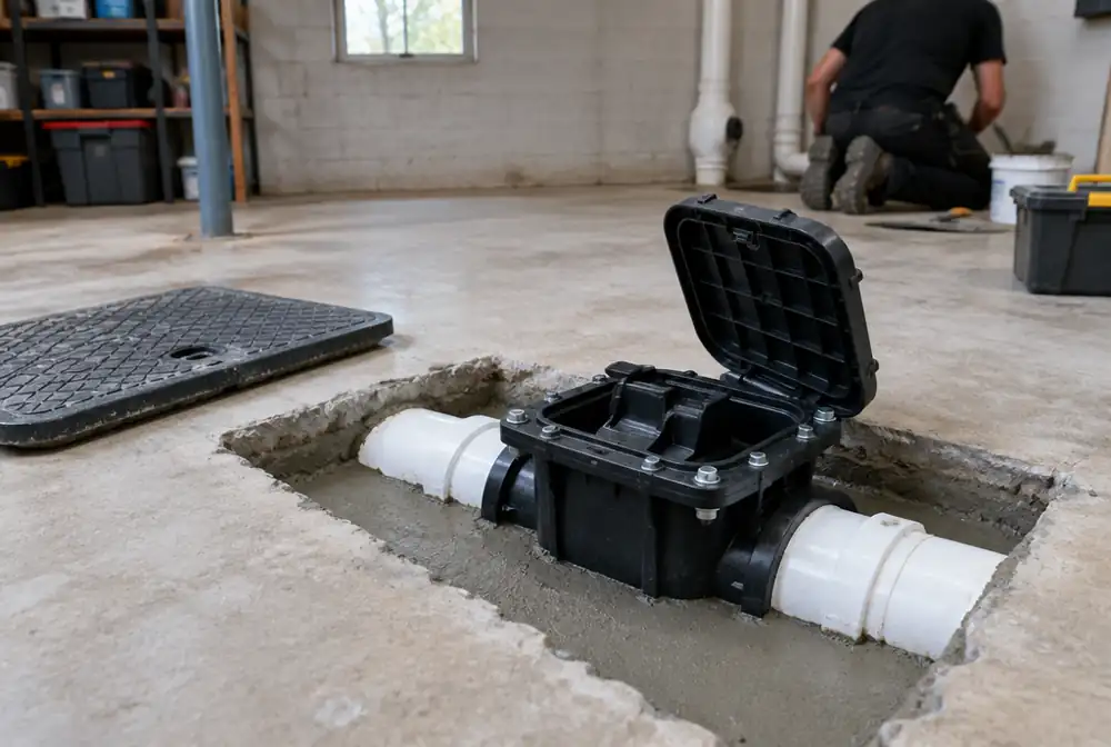 A backwater valve installed in a basement floor