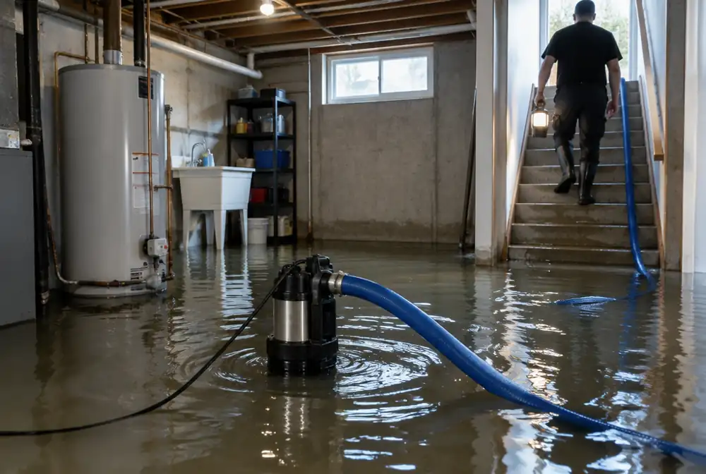 A flooded basement being pumped out