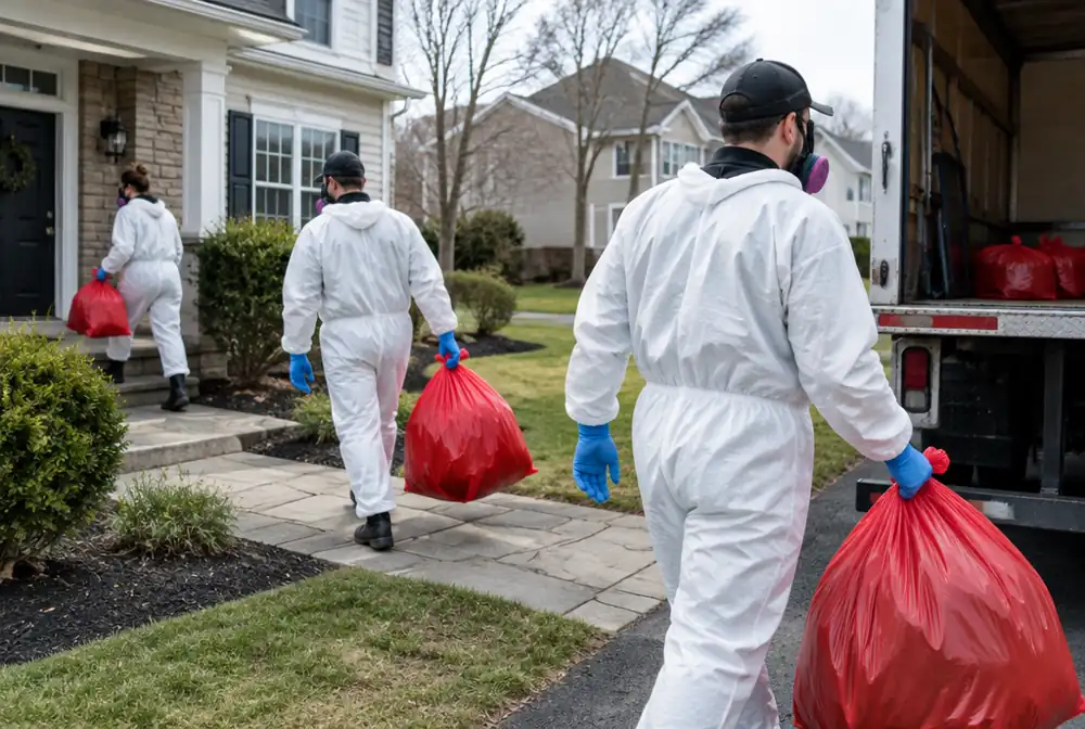 A cleanup crew in protective gear at a home