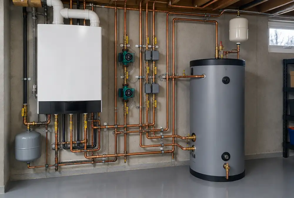 A new gas boiler with indirect water heater and copper piping