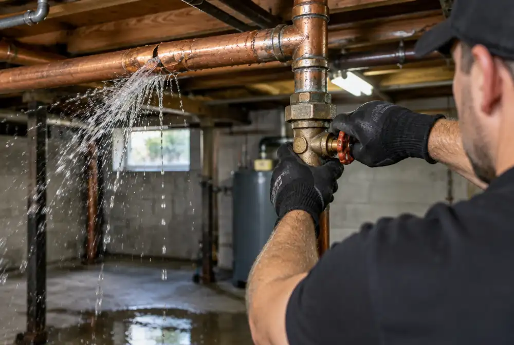 A burst copper pipe being shut off by a plumber