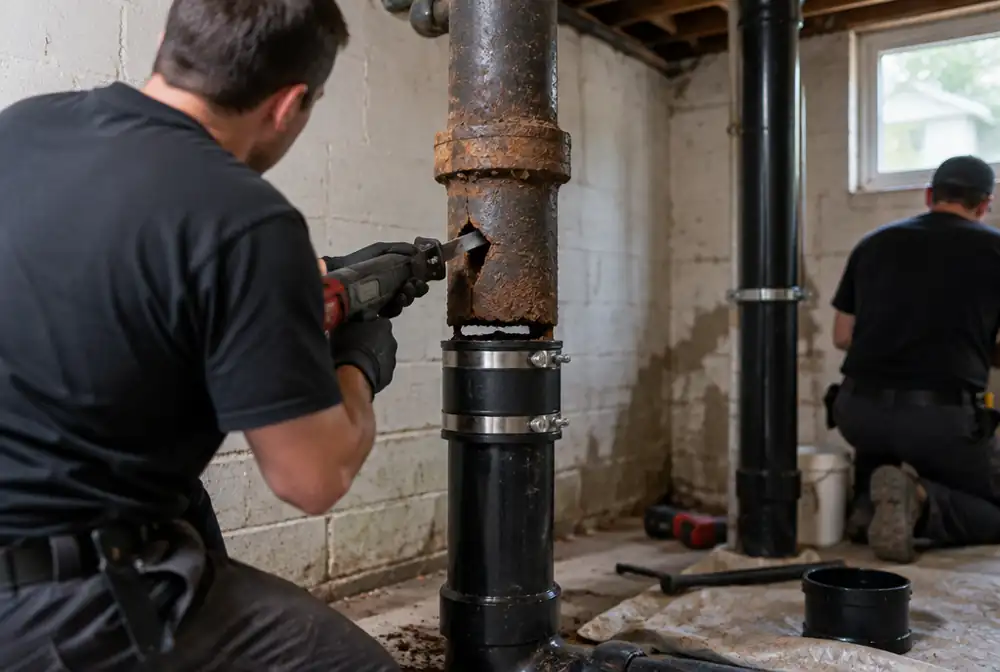 A cast-iron stack being replaced with PVC