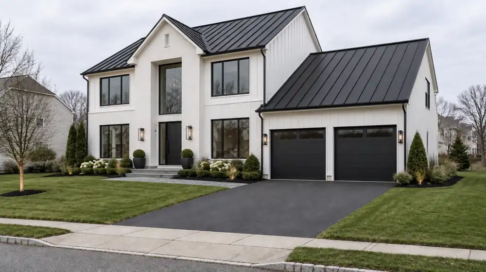 A 2000s colonial transformed into a white board-and-batten home with black windows and a metal roof