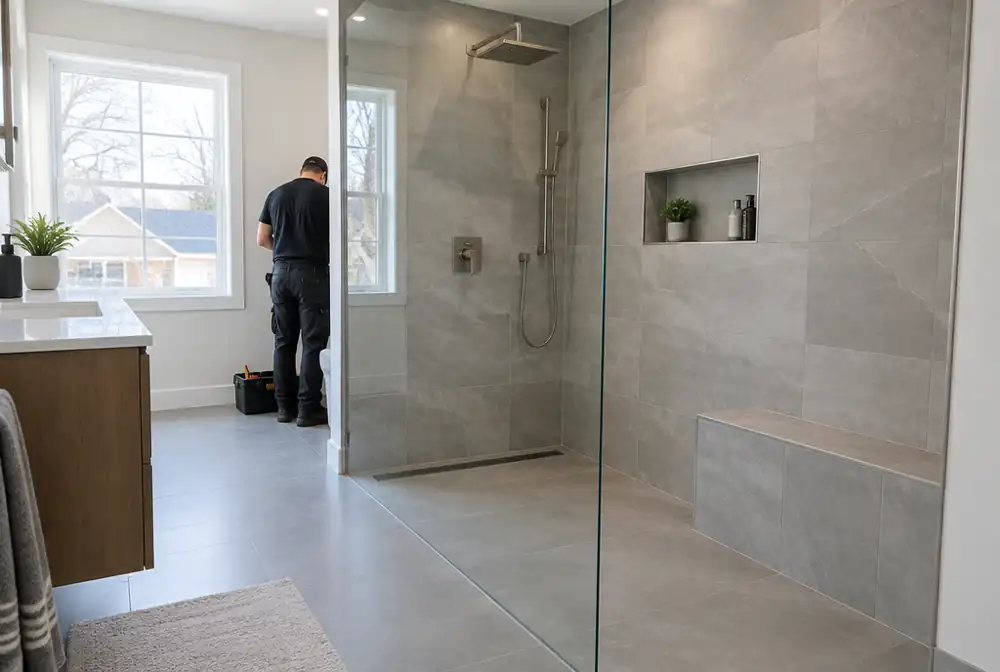 Curbless spa shower — example finish