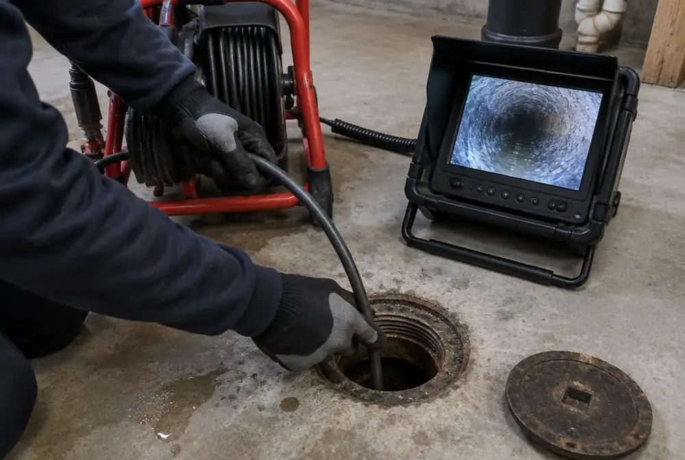 A sewer camera going into a basement cleanout