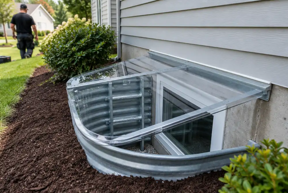 A basement egress window and well