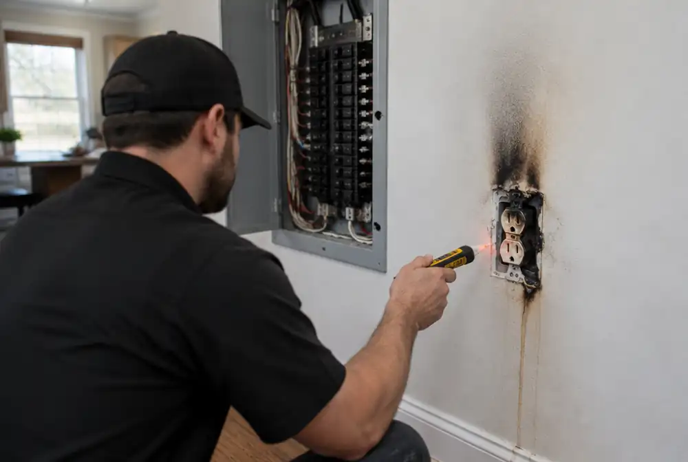 A scorched outlet being checked by an electrician