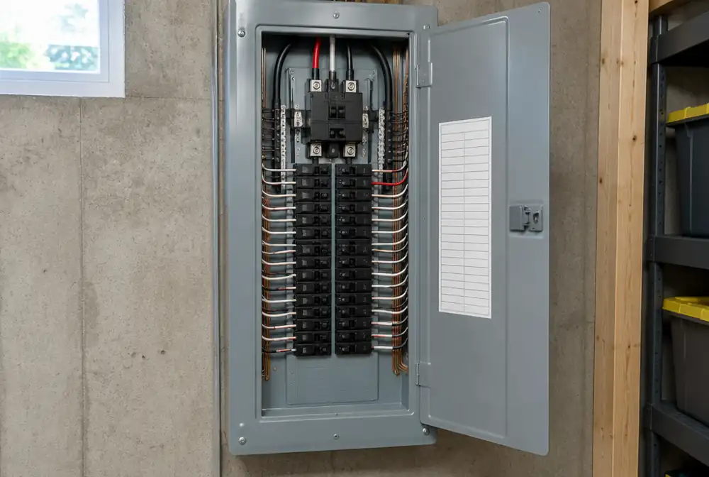 A new 200-amp electrical panel with labeled breakers