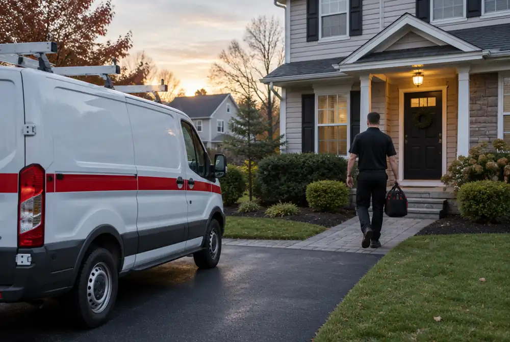 A service van arriving at a New Jersey home at dawn