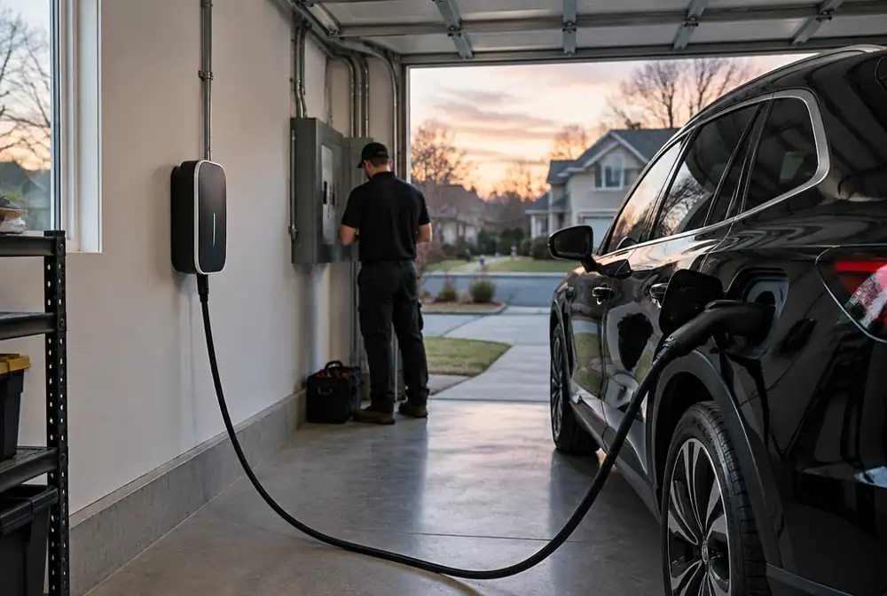 A Level 2 EV charger in a garage