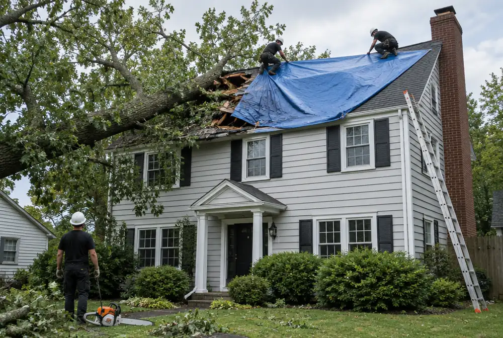 A crew tarping a roof after a large tree fell on a New Jersey colonial