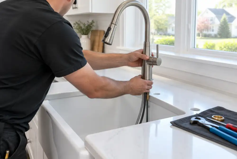 A new kitchen faucet being installed