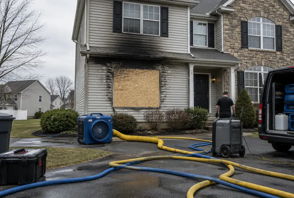 Soot damage on a house after a kitchen fire