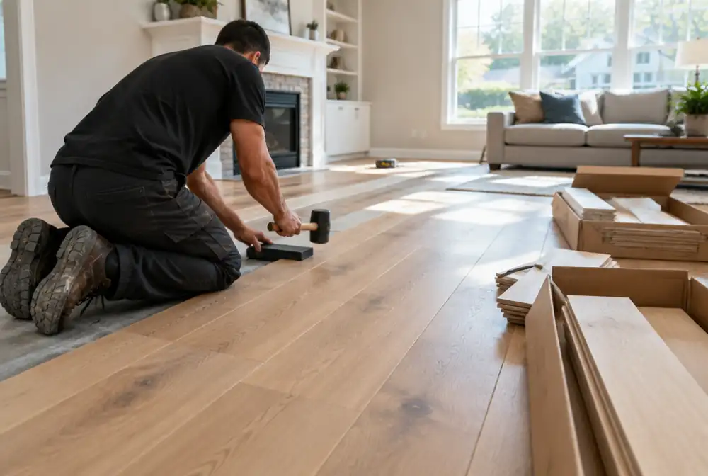 Hardwood flooring being installed