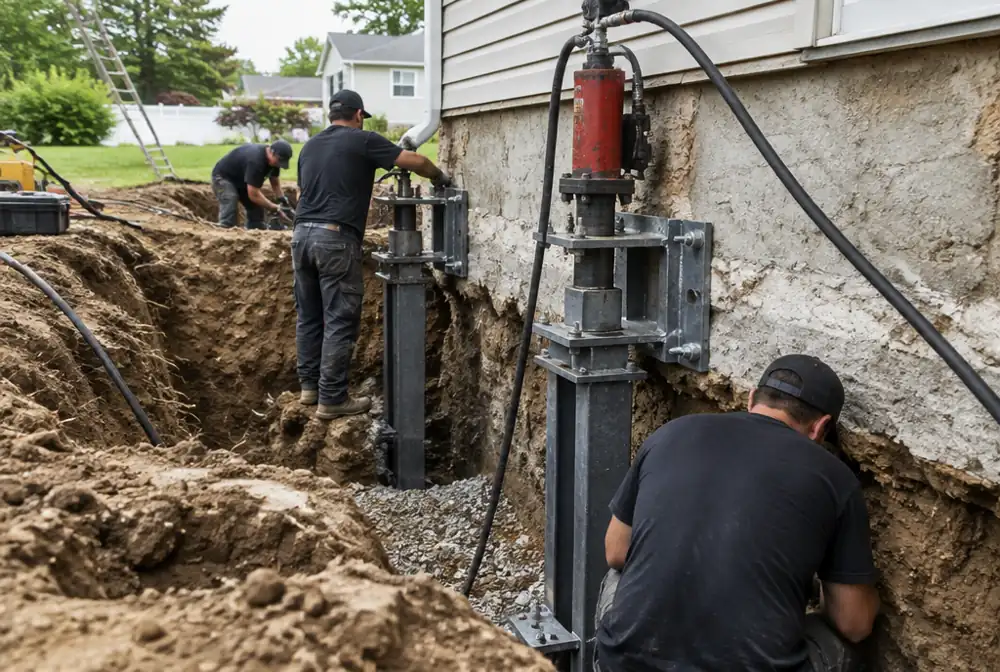 Foundation push piers being installed