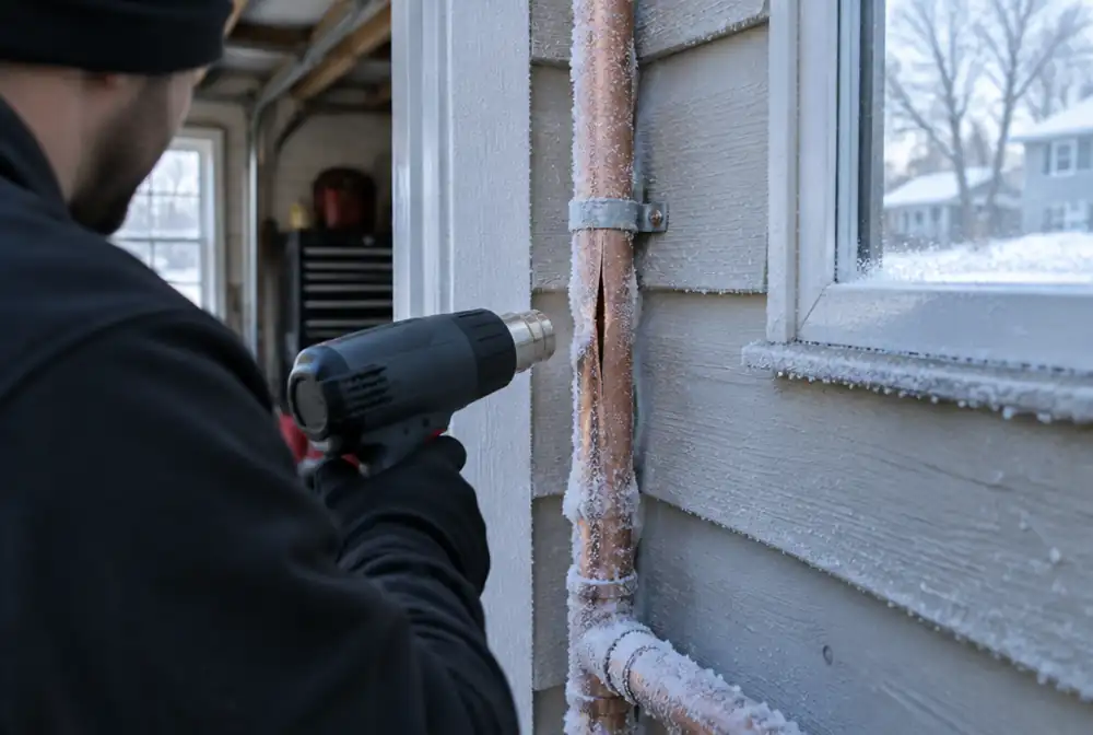 A frozen, split copper pipe being thawed