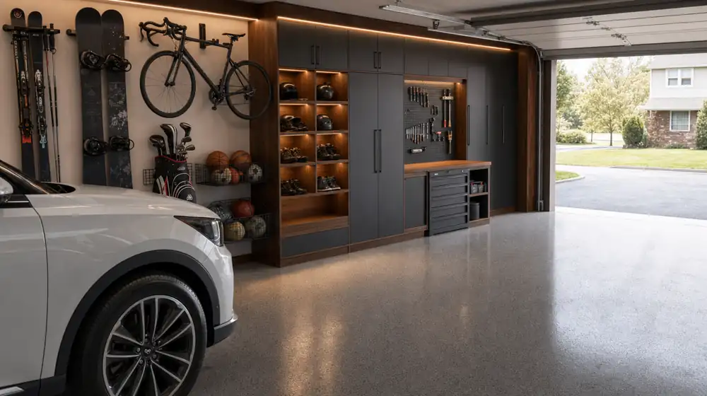 Organized garage with an epoxy floor and a walnut built-in storage wall (example finish)