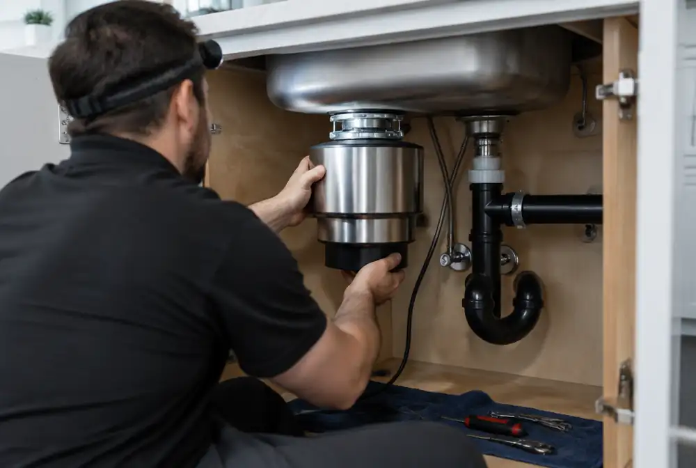 A garbage disposal being installed under a sink