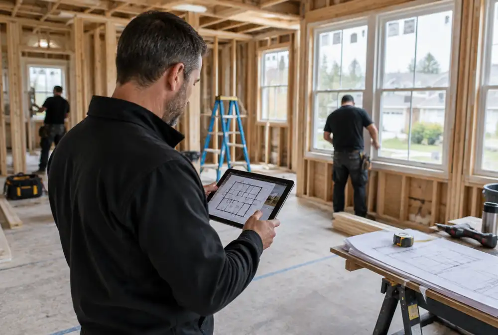 A general contractor reviewing plans on site