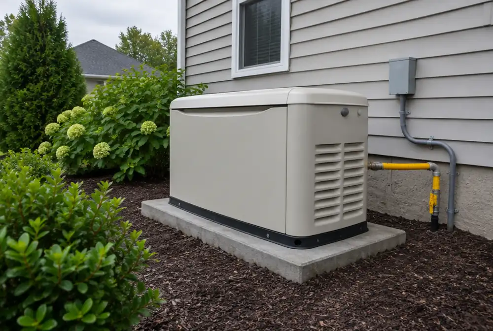 A standby generator on a pad beside a house