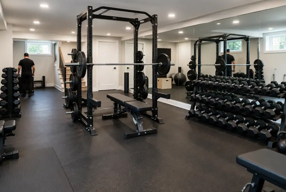A finished basement home gym