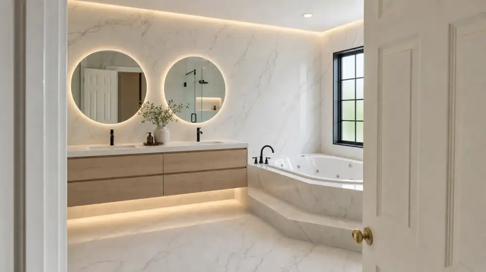 Premium bathroom with a marble-deck jetted jacuzzi tub and floating double vanity (example finish)