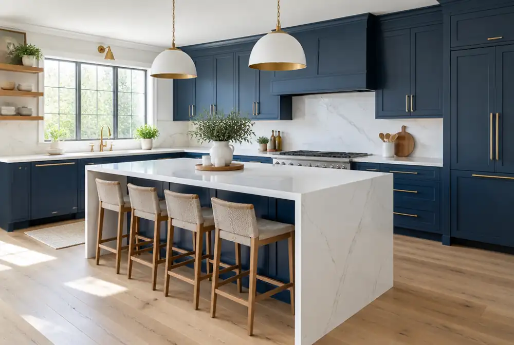 A renovated kitchen with navy cabinets and a quartz island