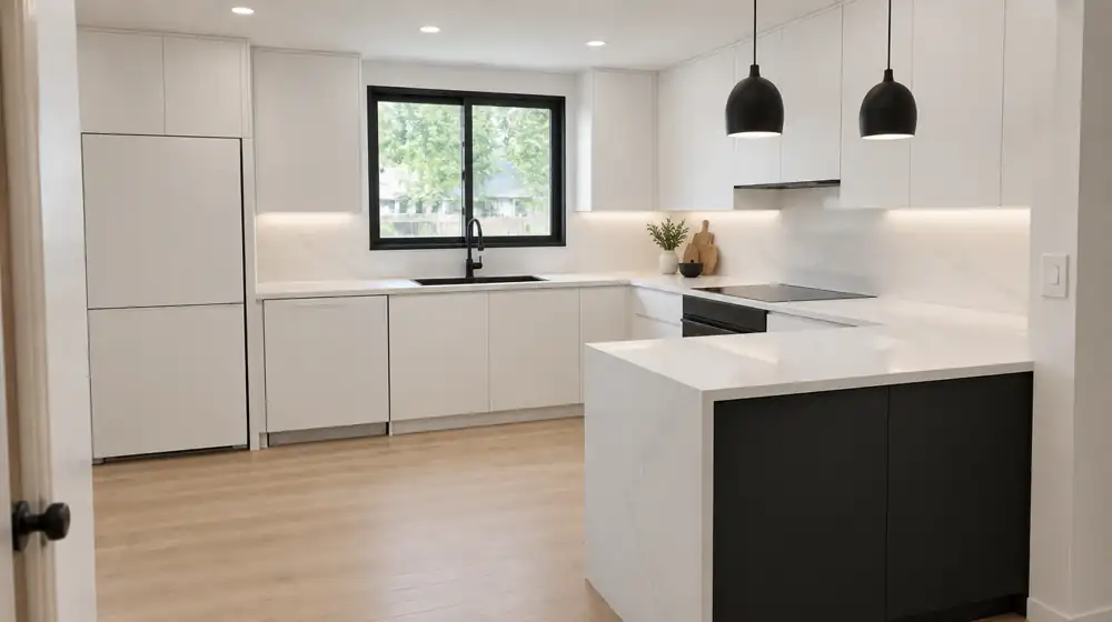 A modern black-and-white kitchen with white slab cabinets and a black island