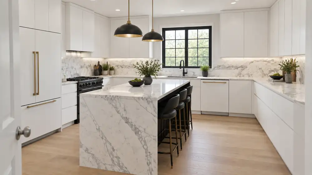 A luxury kitchen with white slab cabinets and a marble waterfall island
