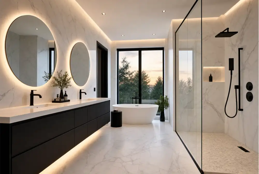 Luxury black-and-white master bathroom with a freestanding tub, floating double vanity and backlit mirrors (example finish)