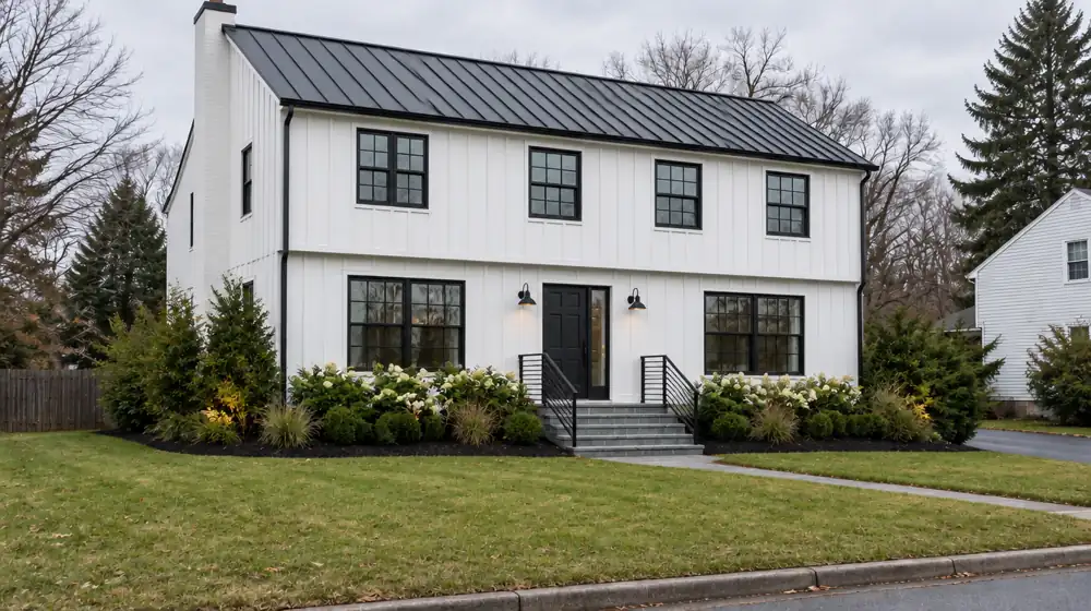A modern black-and-white home with board-and-batten siding, black windows and a standing-seam metal roof