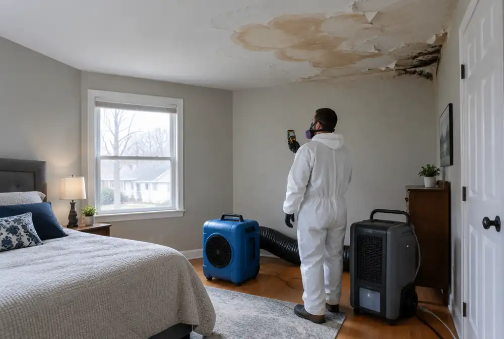 Mold and water damage on a ceiling with drying equipment
