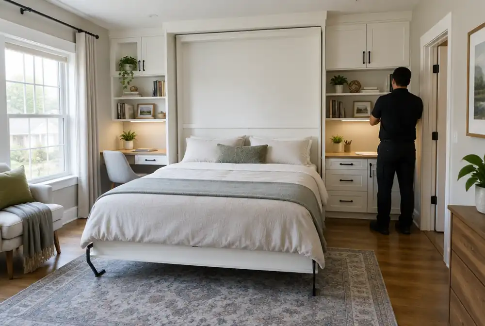 A Murphy bed with built-in cabinets