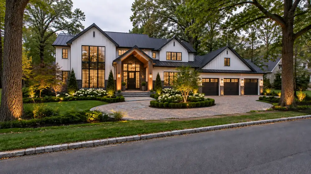 A new luxury black-and-white modern home on a wooded Bergen County lot