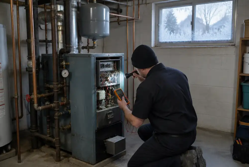 A technician diagnosing a boiler with no heat