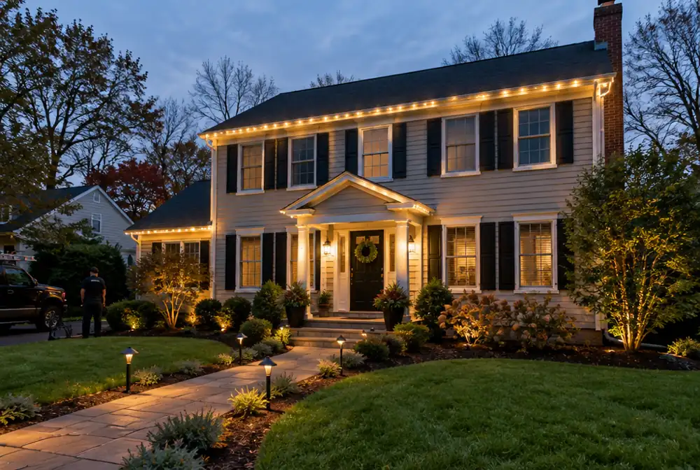Permanent roofline and landscape lighting at dusk