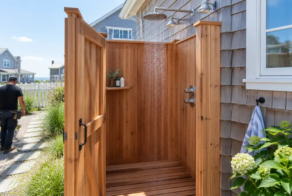 A cedar outdoor shower