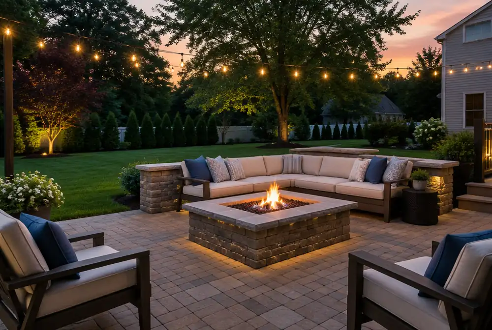 A paver patio with a built-in fire pit at dusk