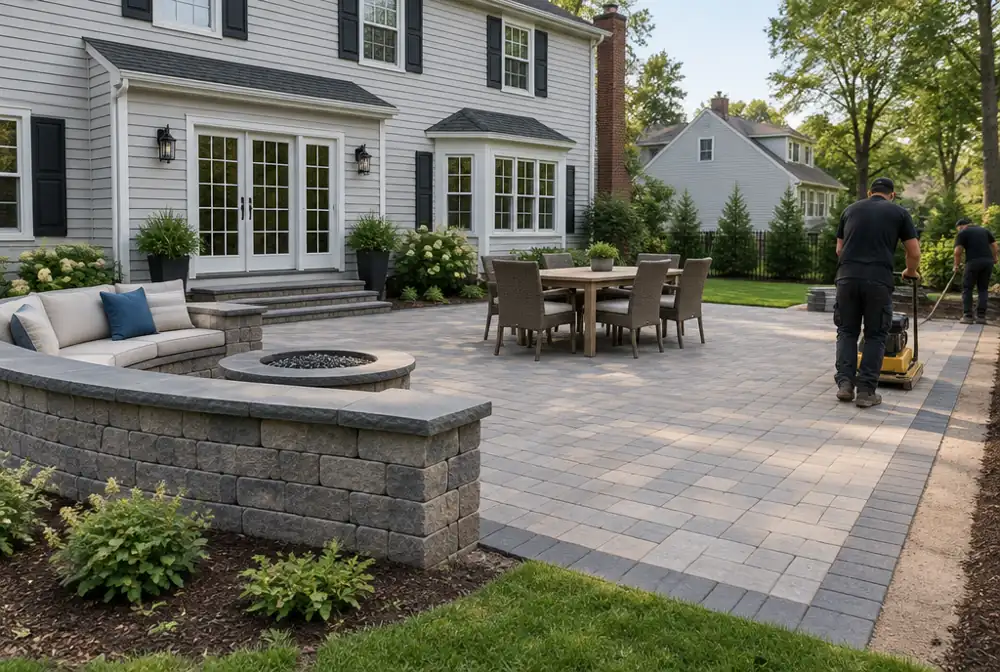 A paver patio being finished