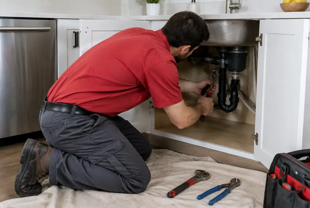 A plumber working under a kitchen sink