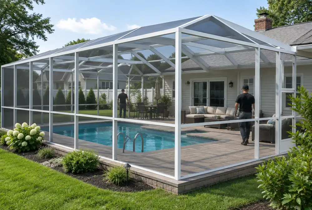 A screened pool enclosure