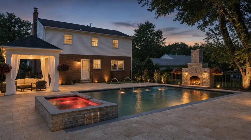 Backyard pool with a red-lit spa, deck jets and a stone outdoor fireplace at dusk (example finish)