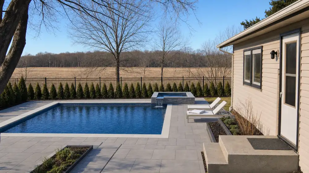 Modern rectangular pool with a raised spa and porcelain patio (example finish)
