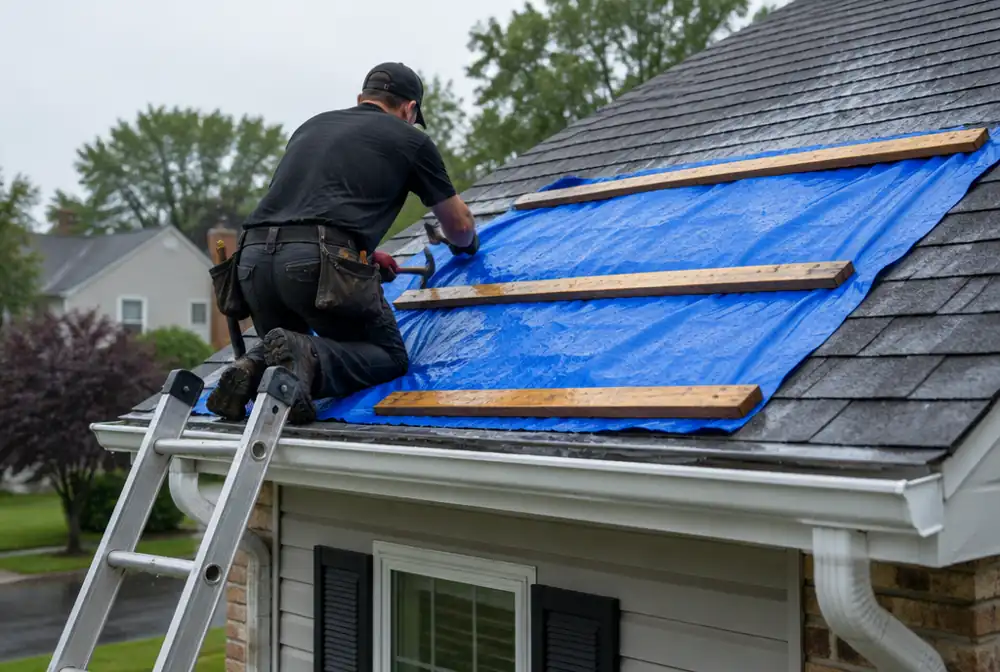 An emergency tarp going onto a leaking roof
