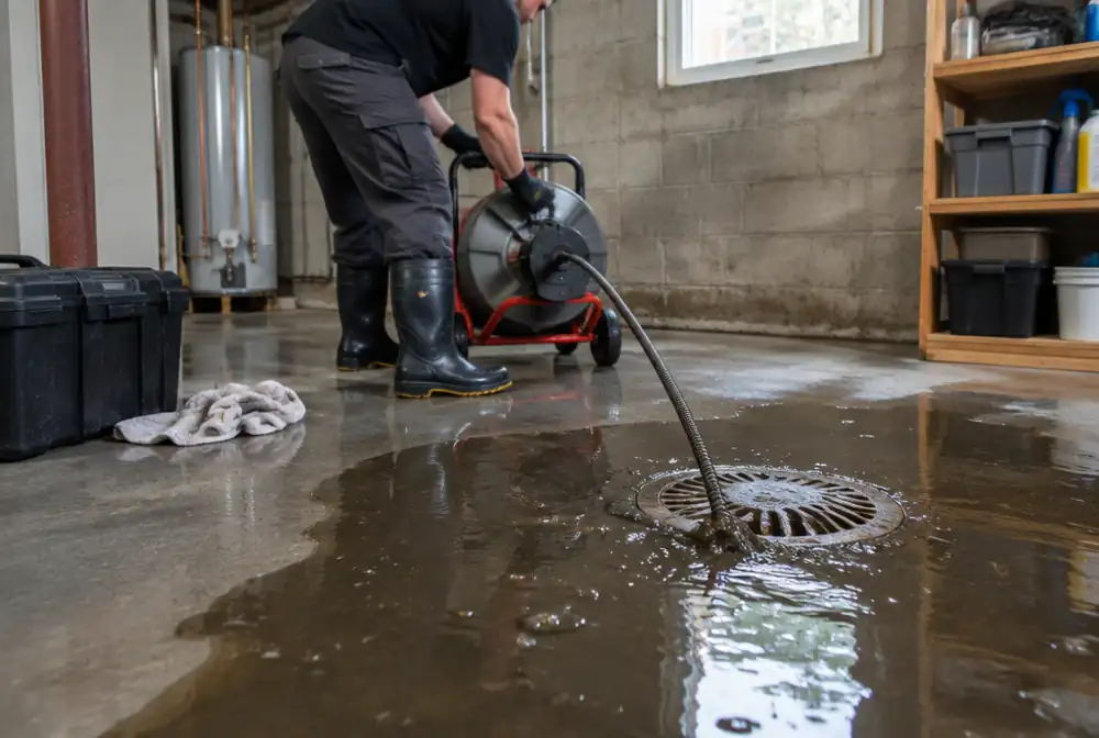 A sewage backup at a basement floor drain