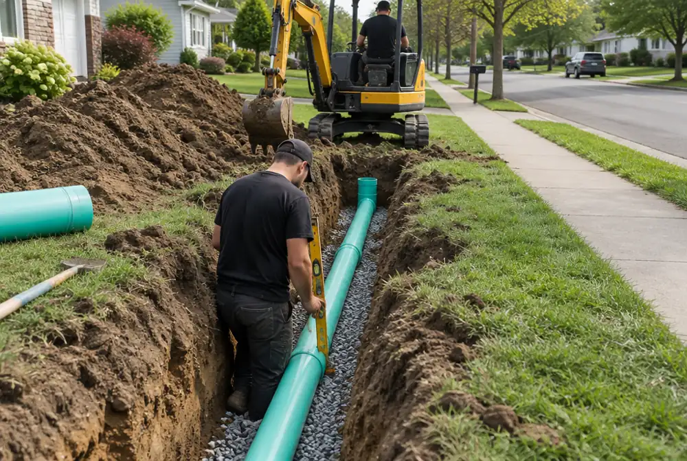 A sewer line replacement in a front yard