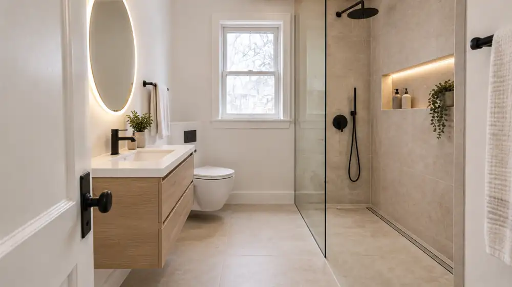 A small bathroom made bright and modern with beige porcelain, a walk-in shower and a floating oak vanity